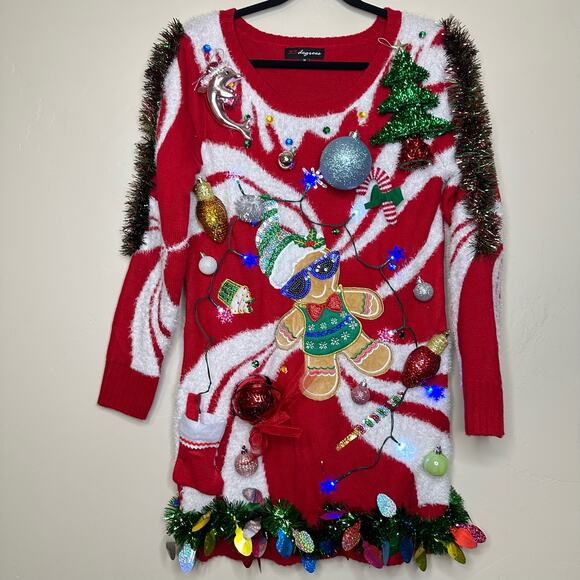 Ugly Christmas Sweater Dress Tunic Gingerbread LIGHT UP Tinsel Xmas Party Winner - Picture 1 of 5